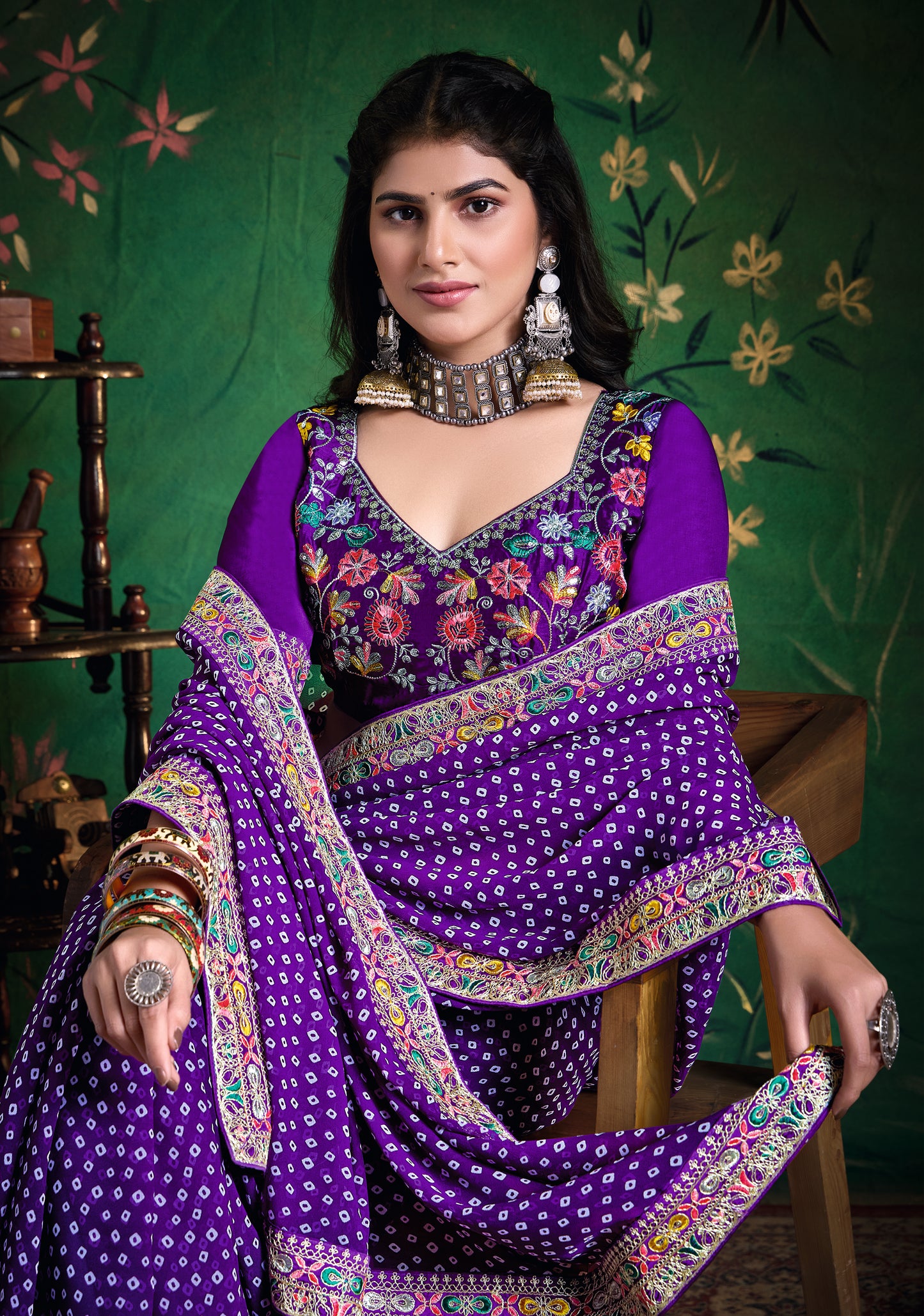 Pure Bamber Georgette Bandhej Saree with Bright Indigo Combination and Hand Work Multicolored Zardozi Border with Heavy Contrast Embroidered blouse