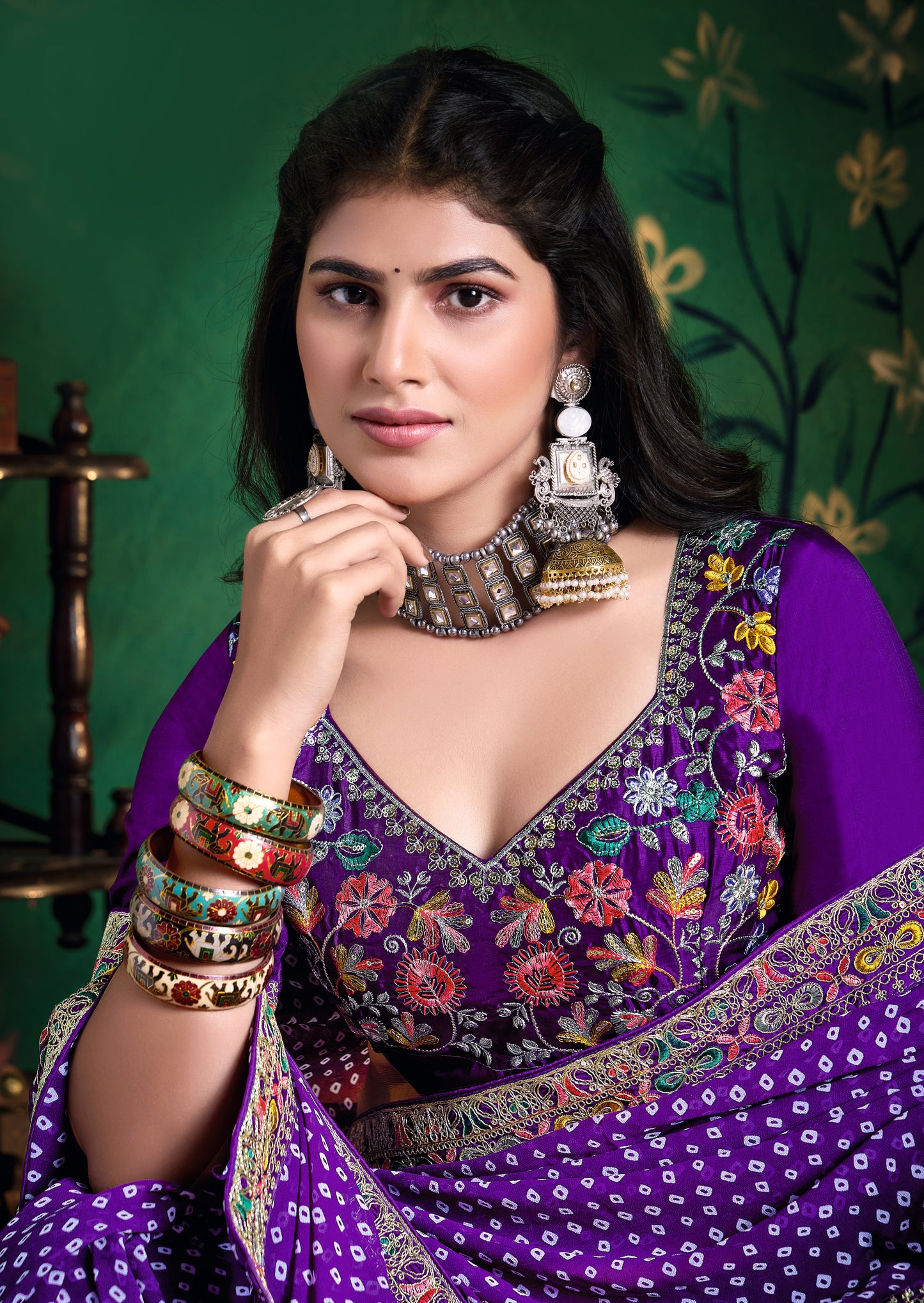 Pure Bamber Georgette Bandhej Saree with Bright Indigo Combination and Hand Work Multicolored Zardozi Border with Heavy Contrast Embroidered blouse