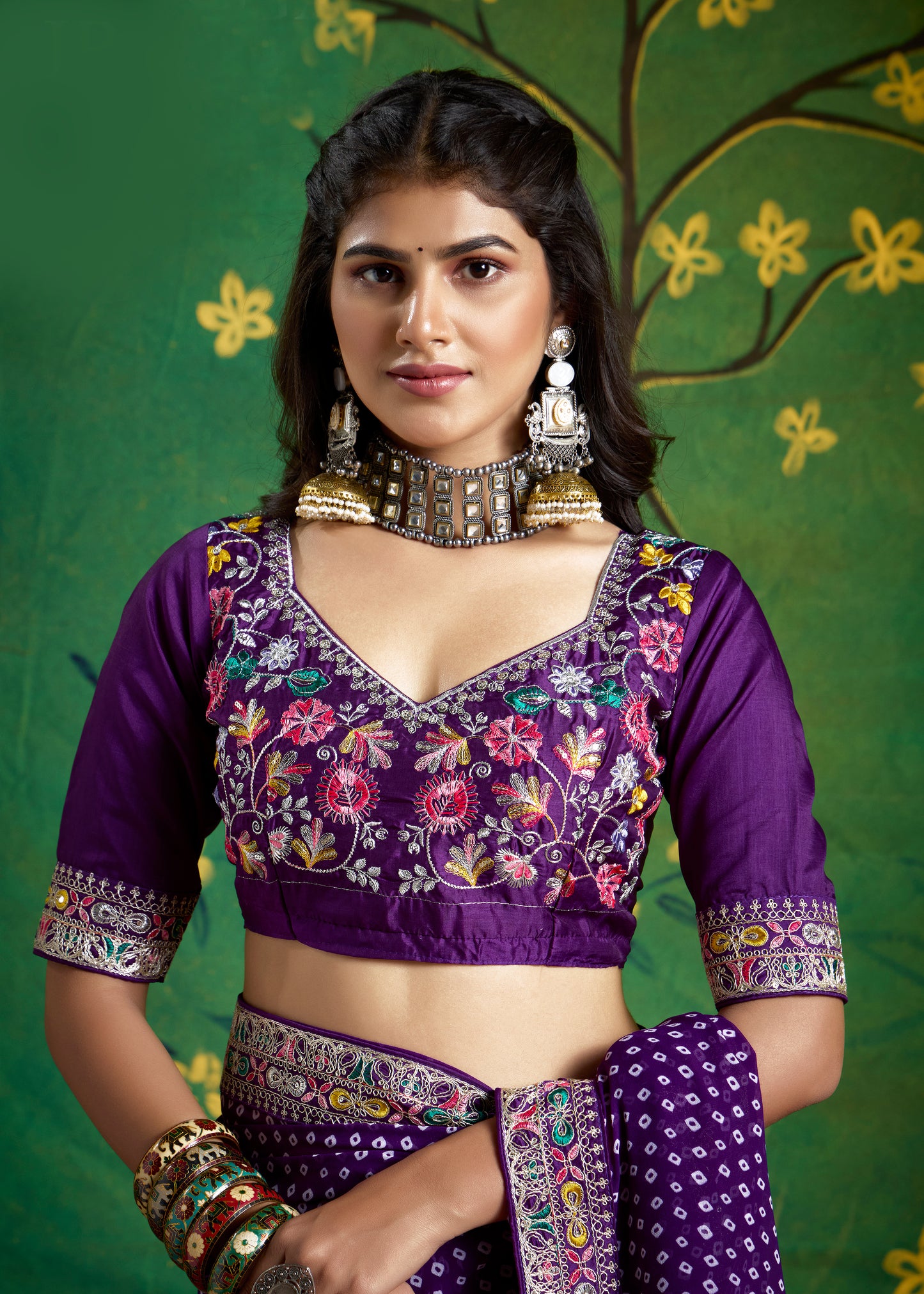 Pure Bamber Georgette Bandhej Saree with Bright Indigo Combination and Hand Work Multicolored Zardozi Border with Heavy Contrast Embroidered blouse