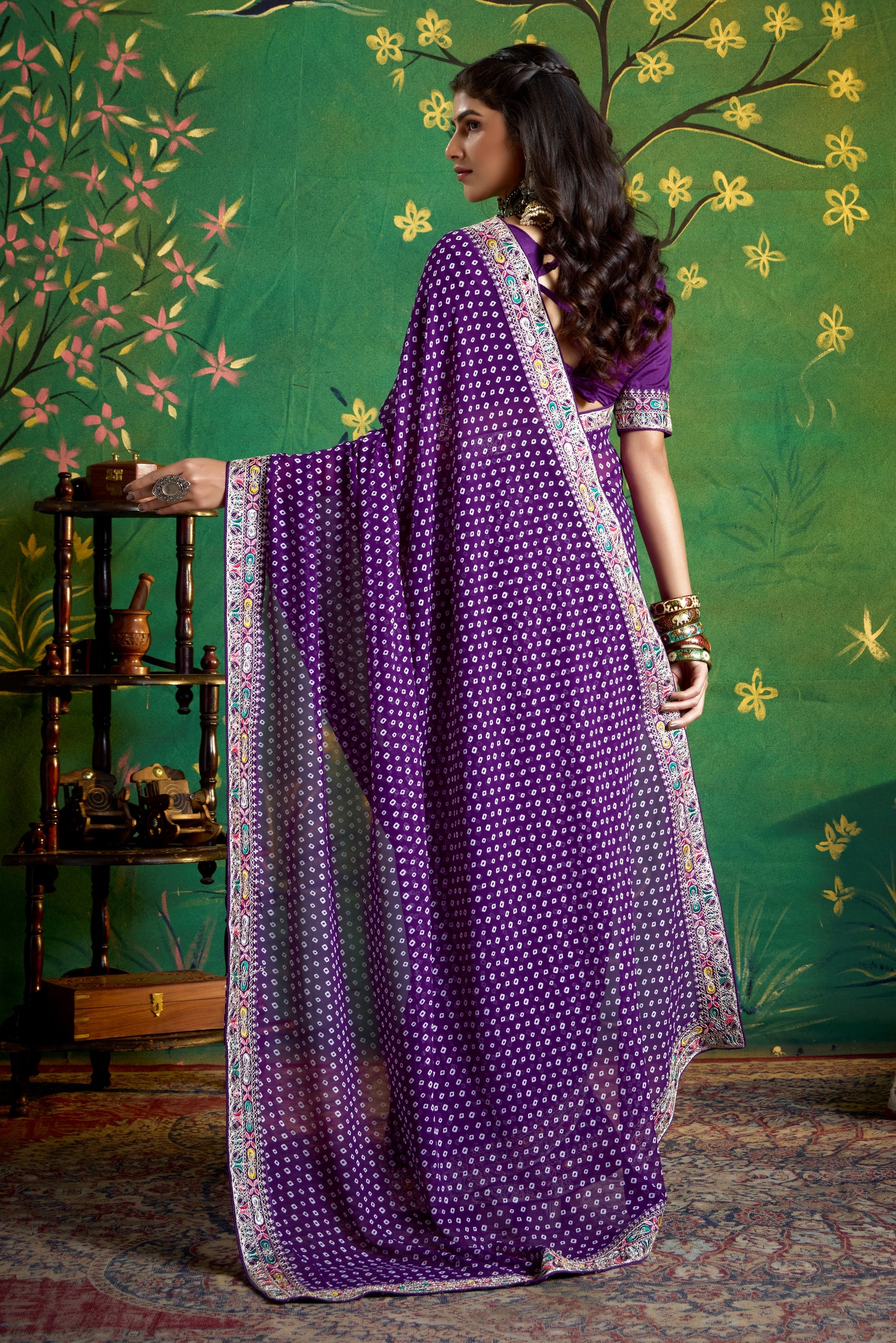 Pure Bamber Georgette Bandhej Saree with Bright Indigo Combination and Hand Work Multicolored Zardozi Border with Heavy Contrast Embroidered blouse