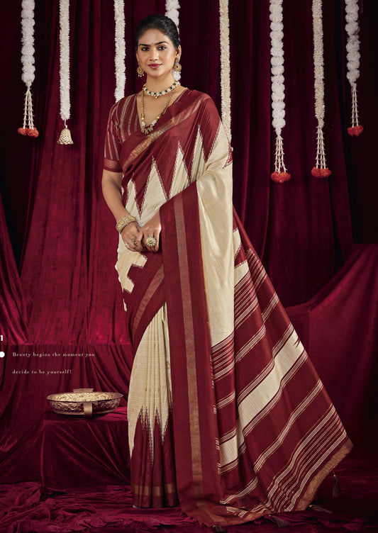 Cream and Maroon Pure Silk Saree with Zigzag and Striped Patterns, Elegant border and Rich Festive Look