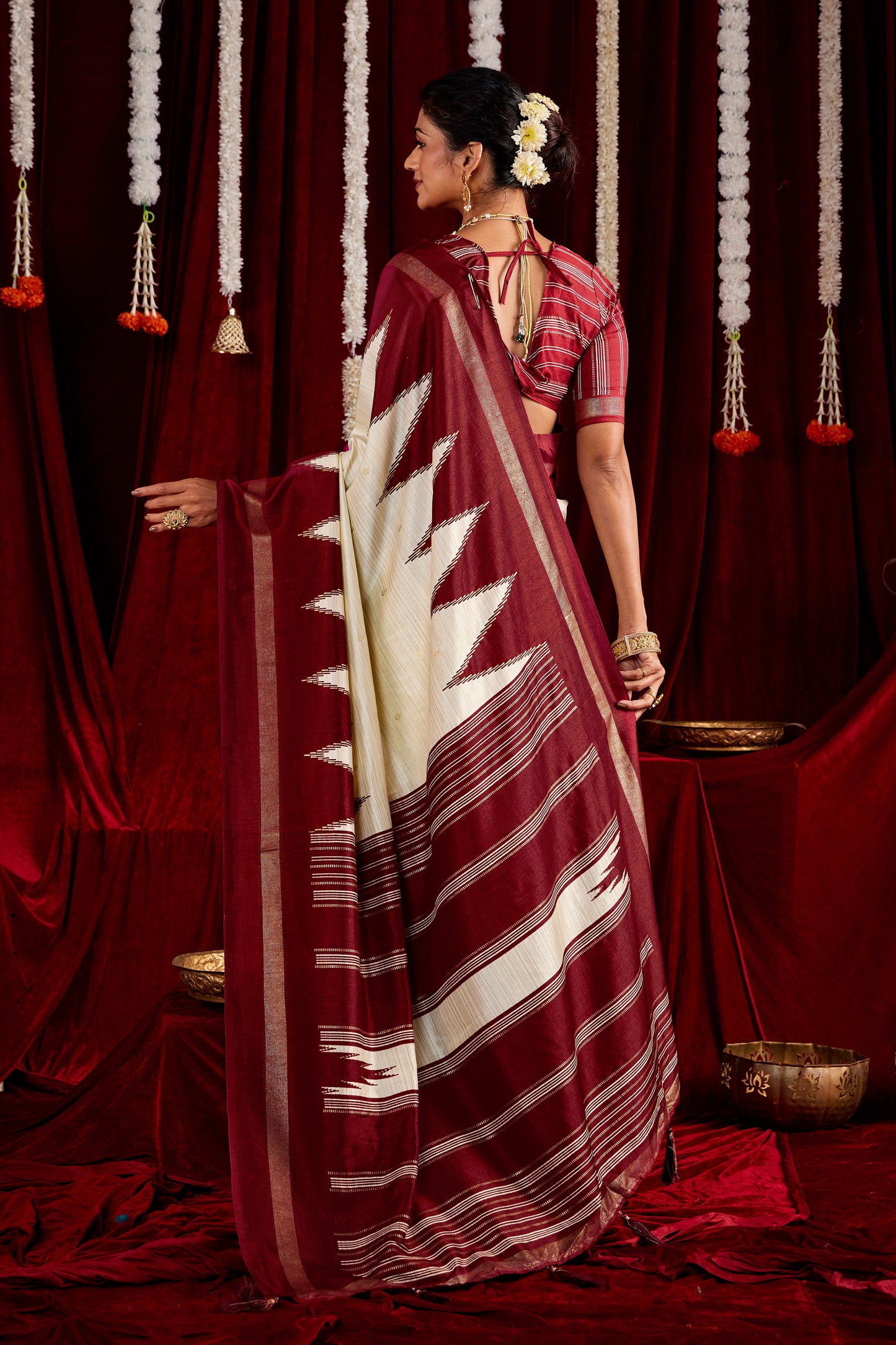 Cream and Maroon Pure Silk Saree with Zigzag and Striped Patterns, Elegant border and Rich Festive Look