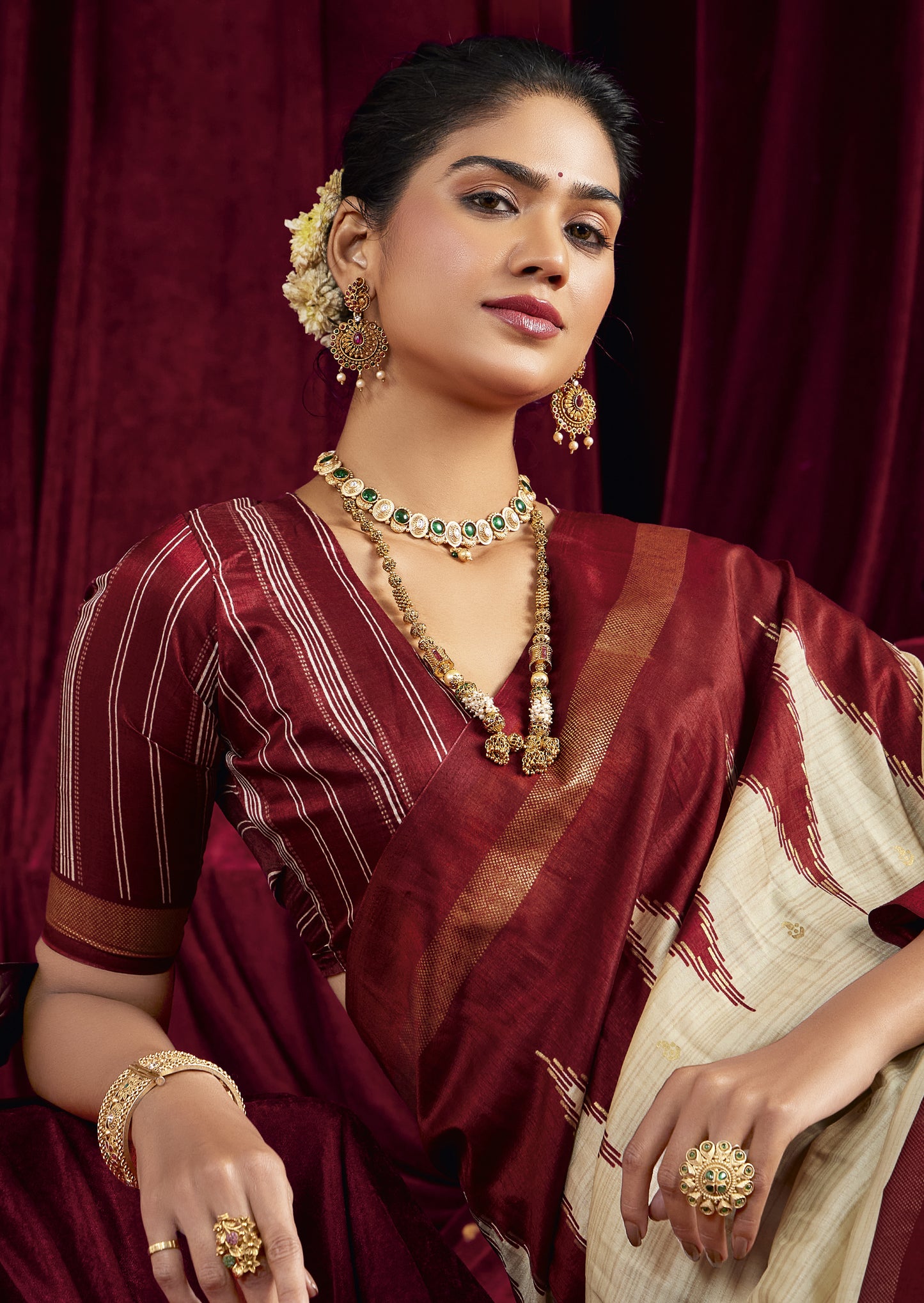 Cream and Maroon Pure Silk Saree with Zigzag and Striped Patterns, Elegant border and Rich Festive Look