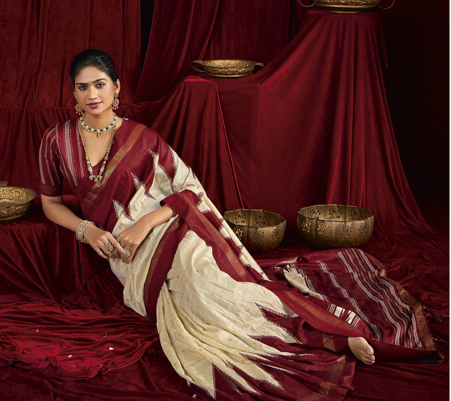 Cream and Maroon Pure Silk Saree with Zigzag and Striped Patterns, Elegant border and Rich Festive Look