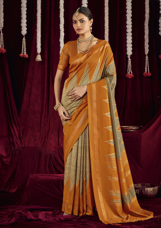 Mustard and Beige Pure Silk Saree with Zigzag and Striped Patterns, Elegant border and Rich Festive Look