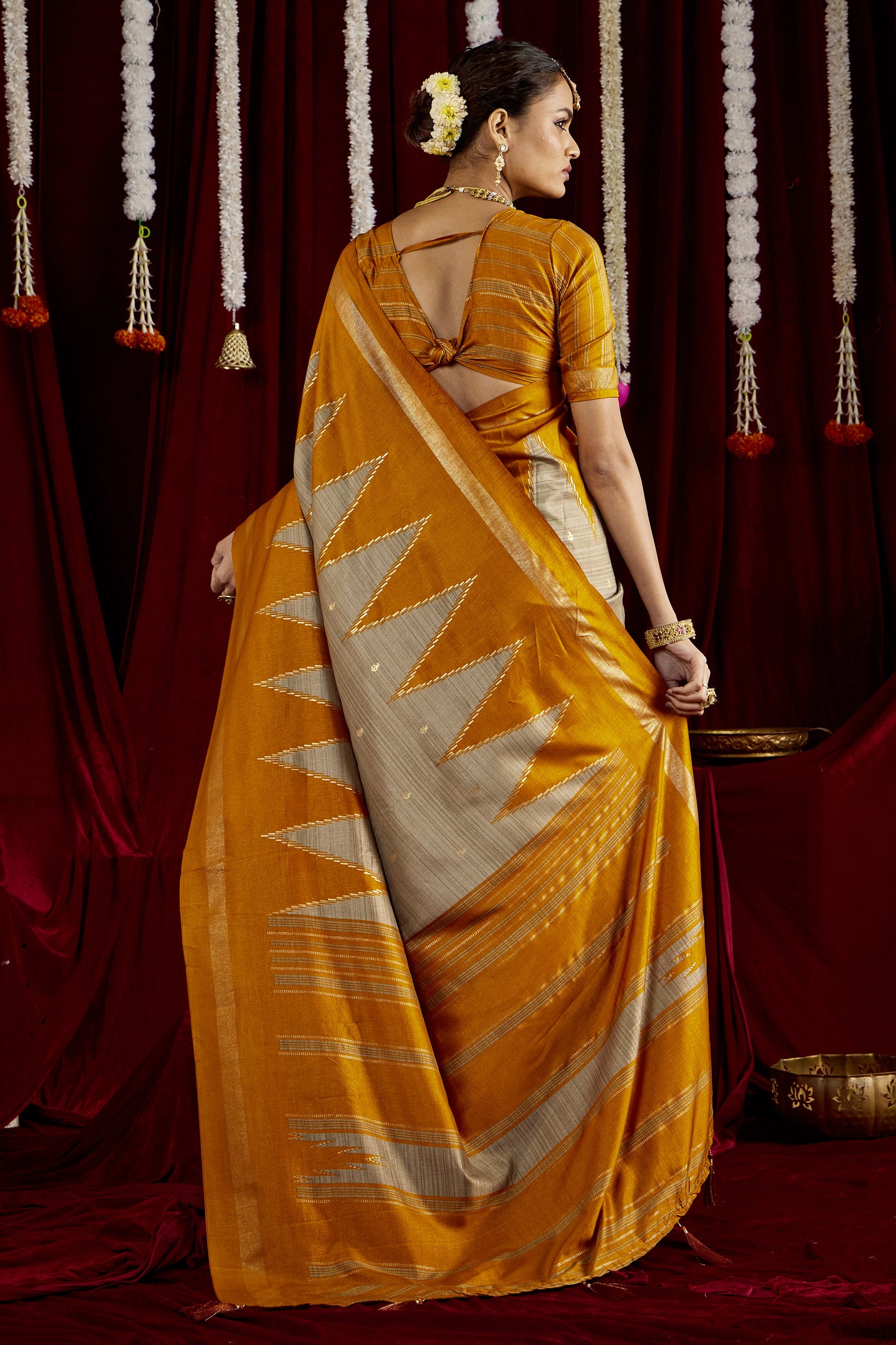 Mustard and Beige Pure Silk Saree with Zigzag and Striped Patterns, Elegant border and Rich Festive Look