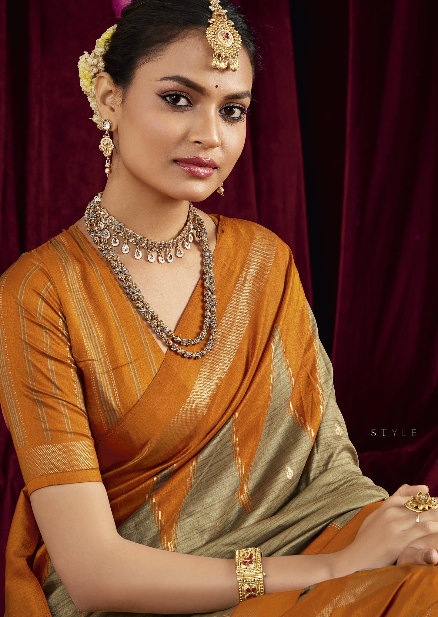 Mustard and Beige Pure Silk Saree with Zigzag and Striped Patterns, Elegant border and Rich Festive Look