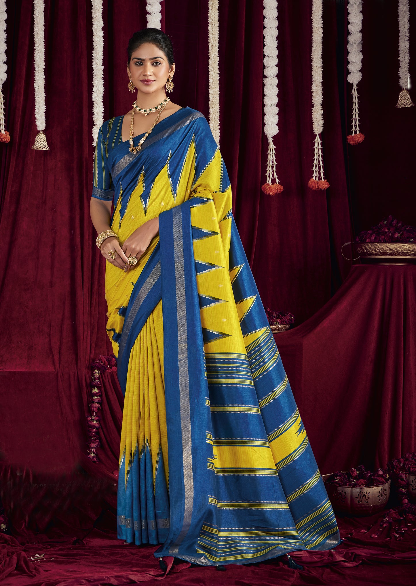 Bright Yellow and Royal Blue Pure Silk Saree with Zigzag and Striped Patterns, Elegant border and Rich Festive Look