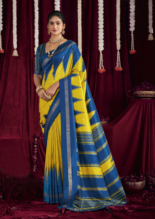 Bright Yellow and Royal Blue Pure Silk Saree with Zigzag and Striped Patterns, Elegant border and Rich Festive Look