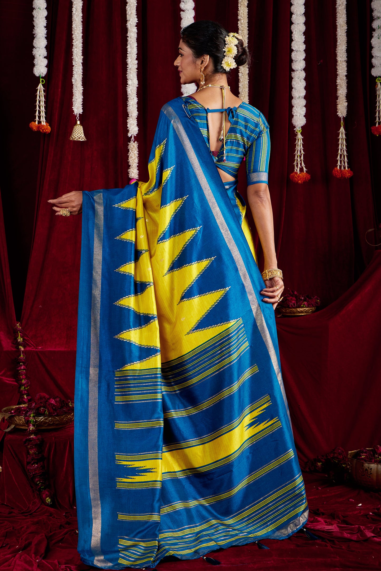 Bright Yellow and Royal Blue Pure Silk Saree with Zigzag and Striped Patterns, Elegant border and Rich Festive Look
