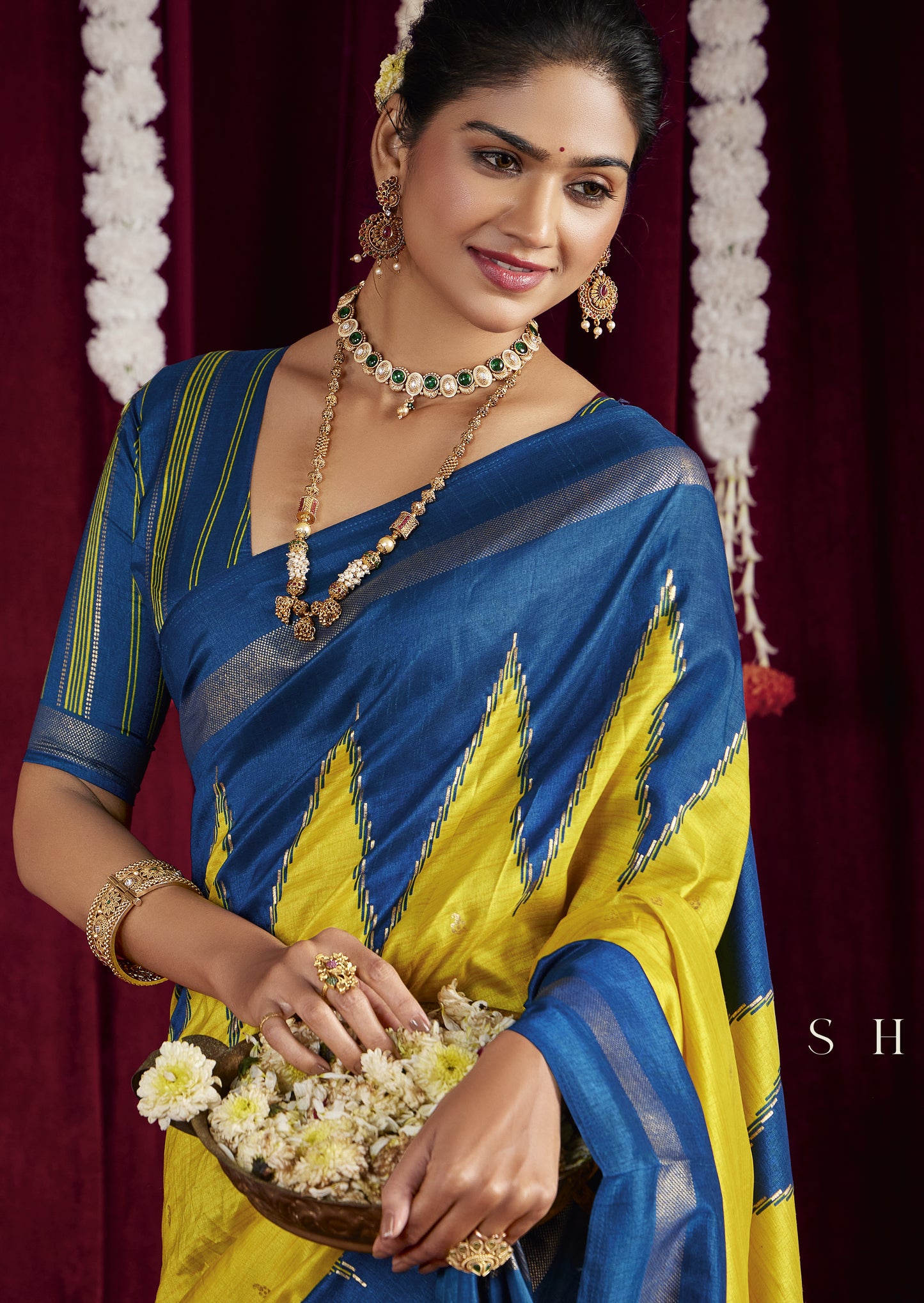 Bright Yellow and Royal Blue Pure Silk Saree with Zigzag and Striped Patterns, Elegant border and Rich Festive Look