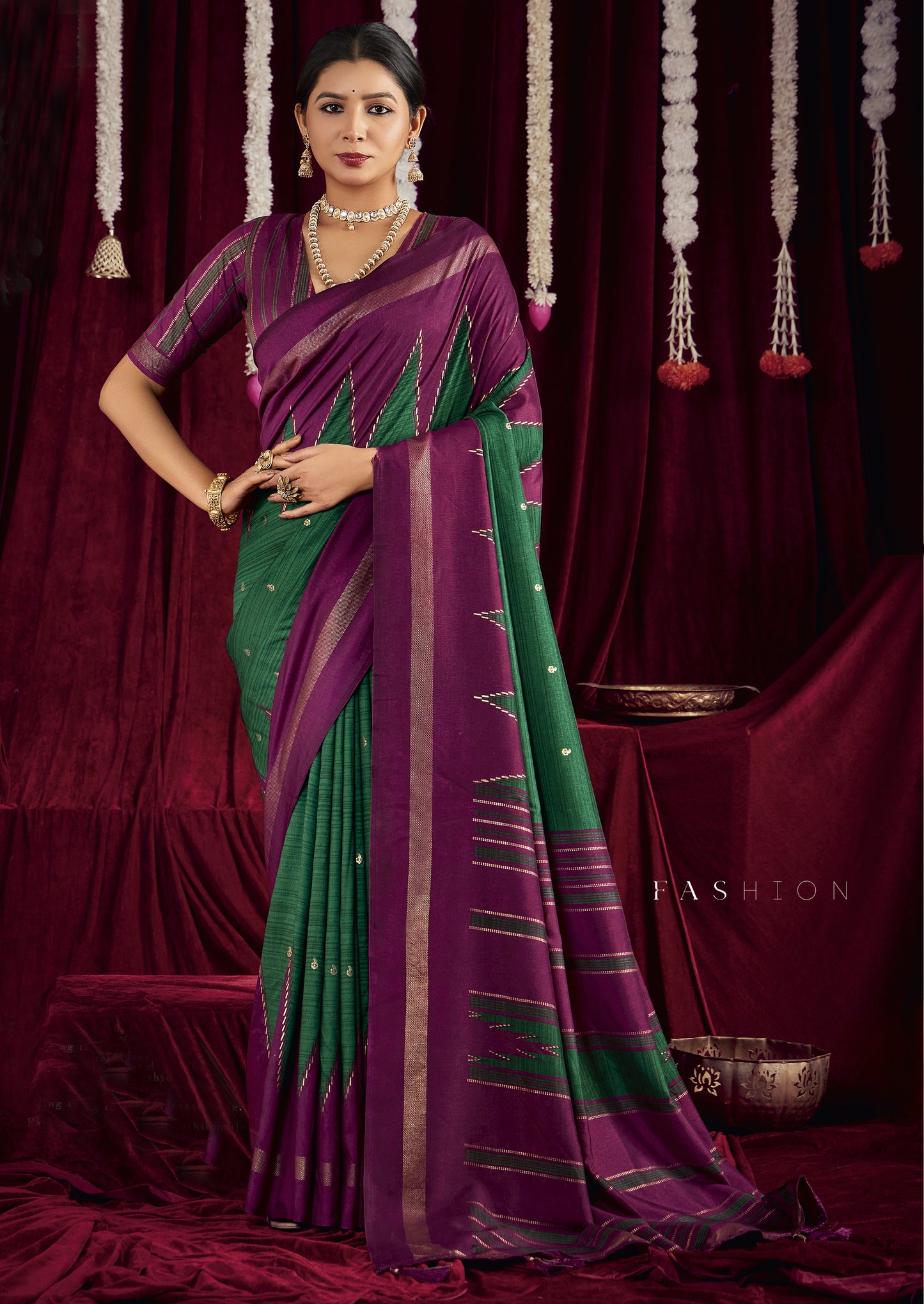 Striking Purple and Green Pure Silk Saree with Zigzag and Striped Patterns, Elegant border and Rich Festive Look