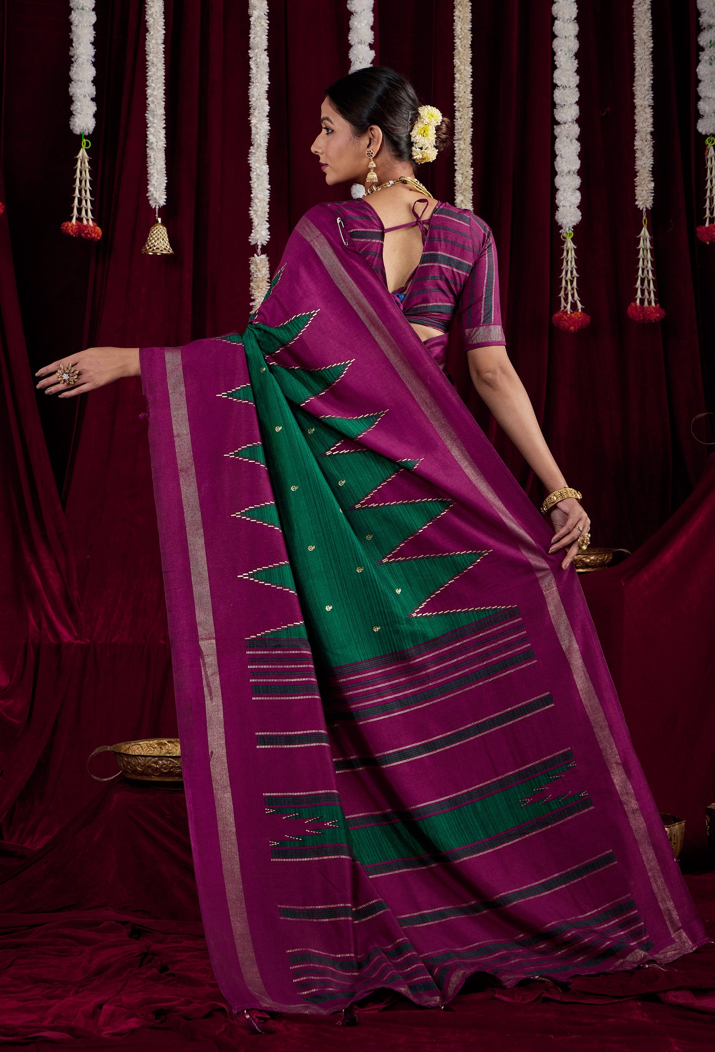 Striking Purple and Green Pure Silk Saree with Zigzag and Striped Patterns, Elegant border and Rich Festive Look