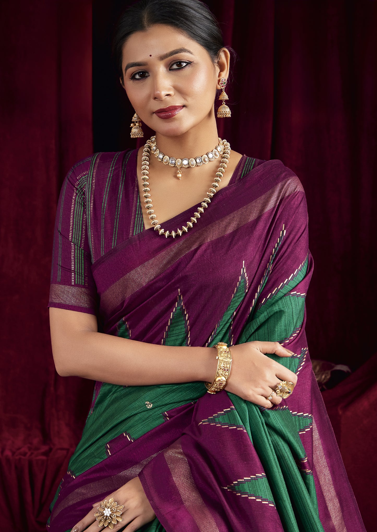 Striking Purple and Green Pure Silk Saree with Zigzag and Striped Patterns, Elegant border and Rich Festive Look