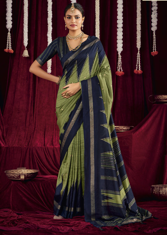 Navy Blue and Pista Green Pure Silk Saree with Zigzag and Striped Patterns, Elegant border and Rich Festive Look