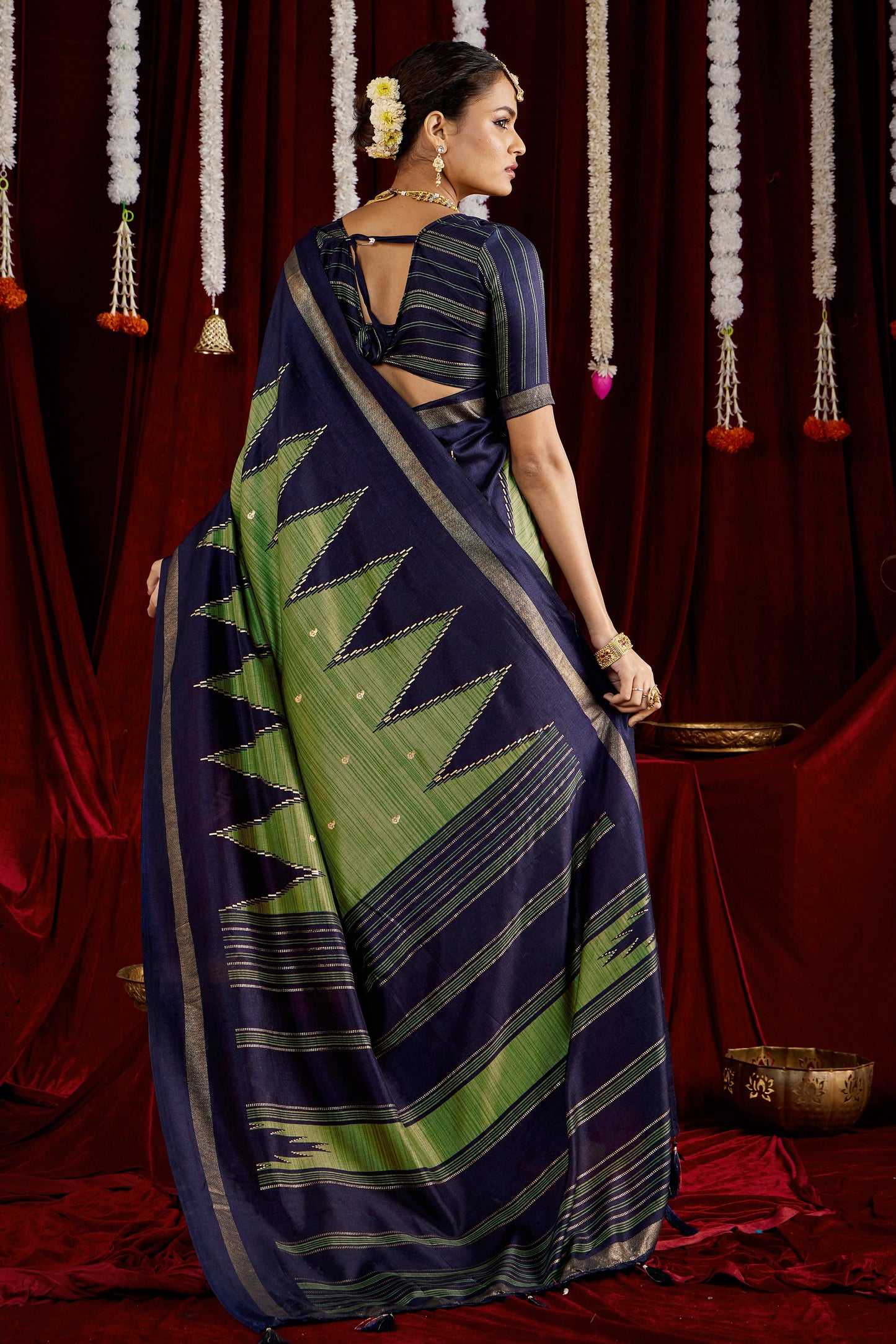 Navy Blue and Pista Green Pure Silk Saree with Zigzag and Striped Patterns, Elegant border and Rich Festive Look