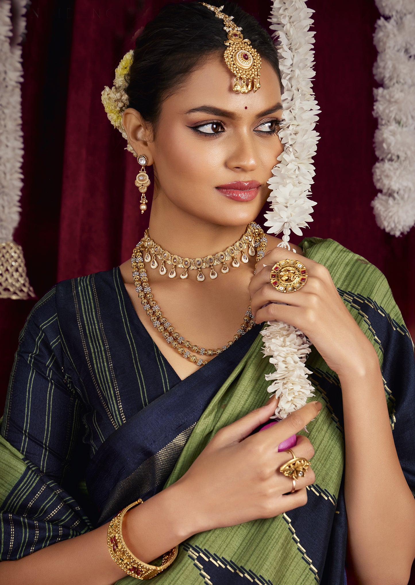 Navy Blue and Pista Green Pure Silk Saree with Zigzag and Striped Patterns, Elegant border and Rich Festive Look