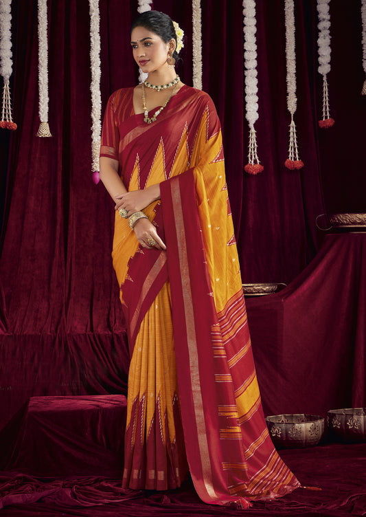 Vibrant Mustard and Striking Maroon Pure Silk Saree with Zigzag and Striped Patterns, Elegant border and Rich Festive Look