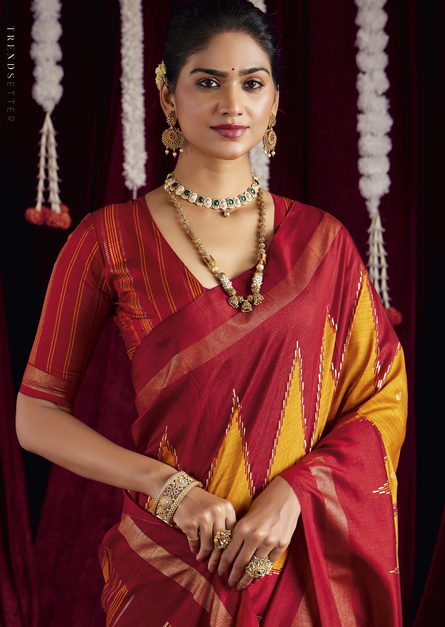 Vibrant Mustard and Striking Maroon Pure Silk Saree with Zigzag and Striped Patterns, Elegant border and Rich Festive Look