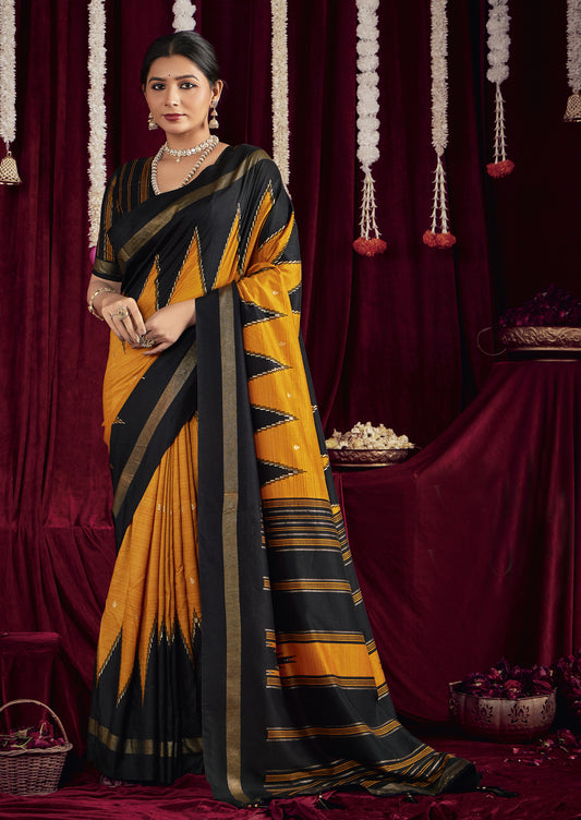 Classic Black and Vibrant Mustard Pure Silk Saree with Zigzag and Striped Patterns, Elegant border and Rich Festive Look