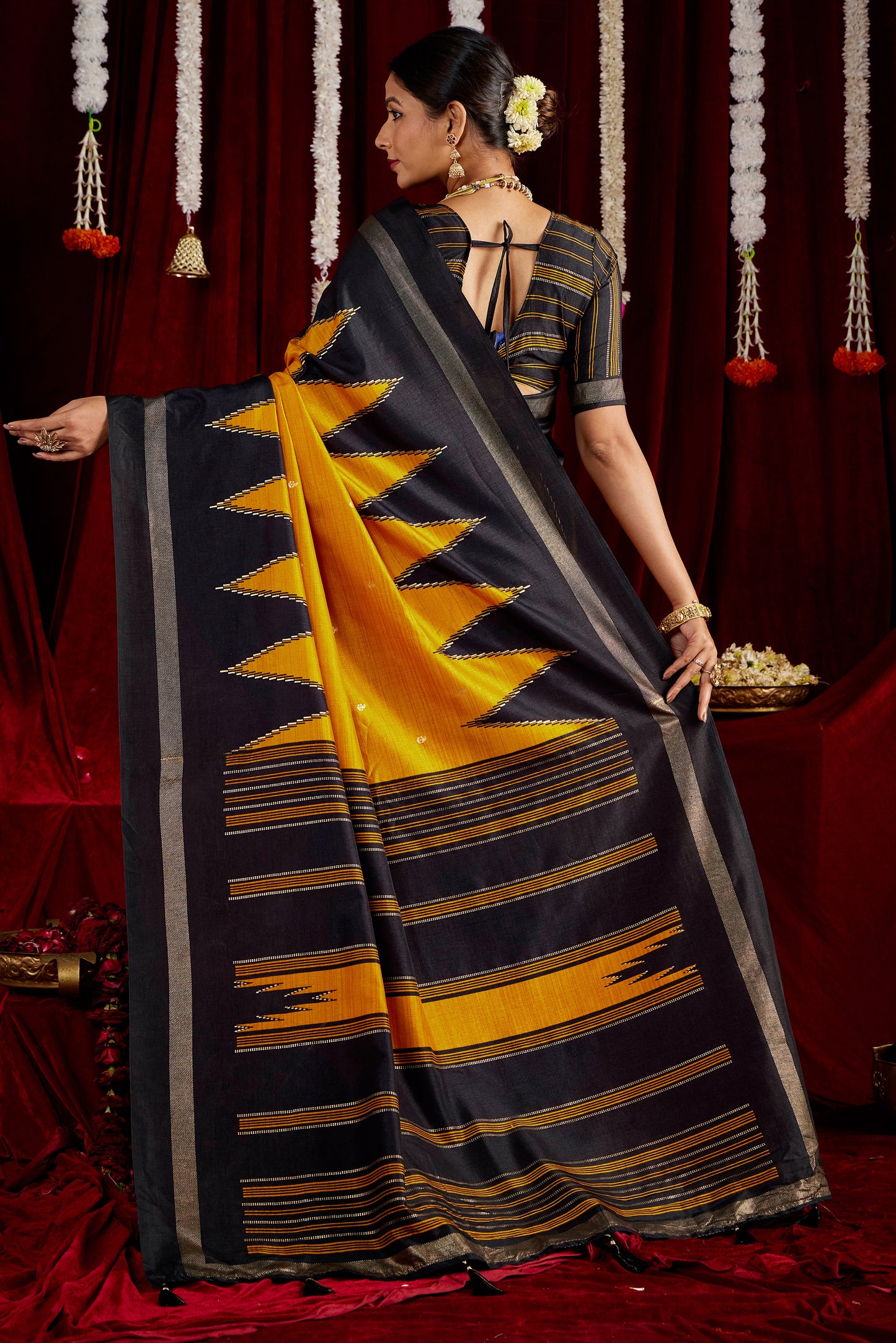Classic Black and Vibrant Mustard Pure Silk Saree with Zigzag and Striped Patterns, Elegant border and Rich Festive Look