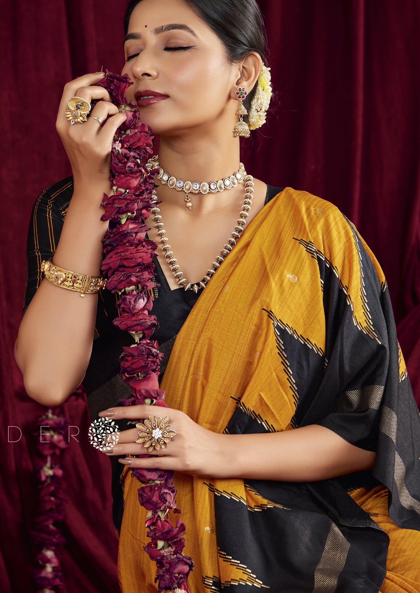 Classic Black and Vibrant Mustard Pure Silk Saree with Zigzag and Striped Patterns, Elegant border and Rich Festive Look