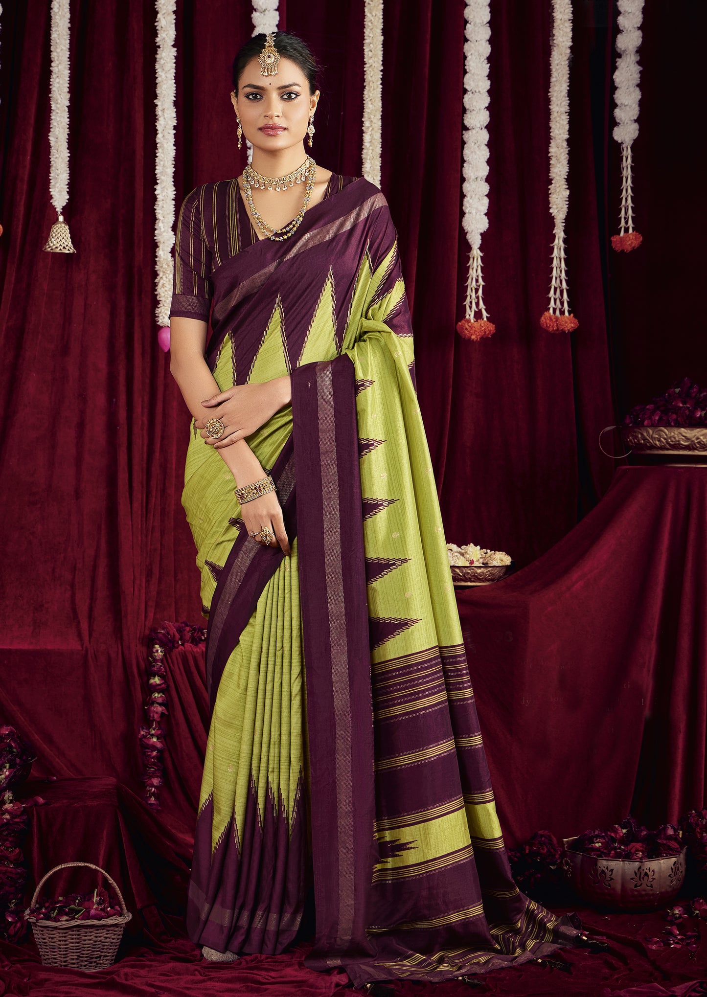 Pista Green and Light Purple Pure Silk Saree with Zigzag and Striped Patterns, Elegant border and Rich Festive Look
