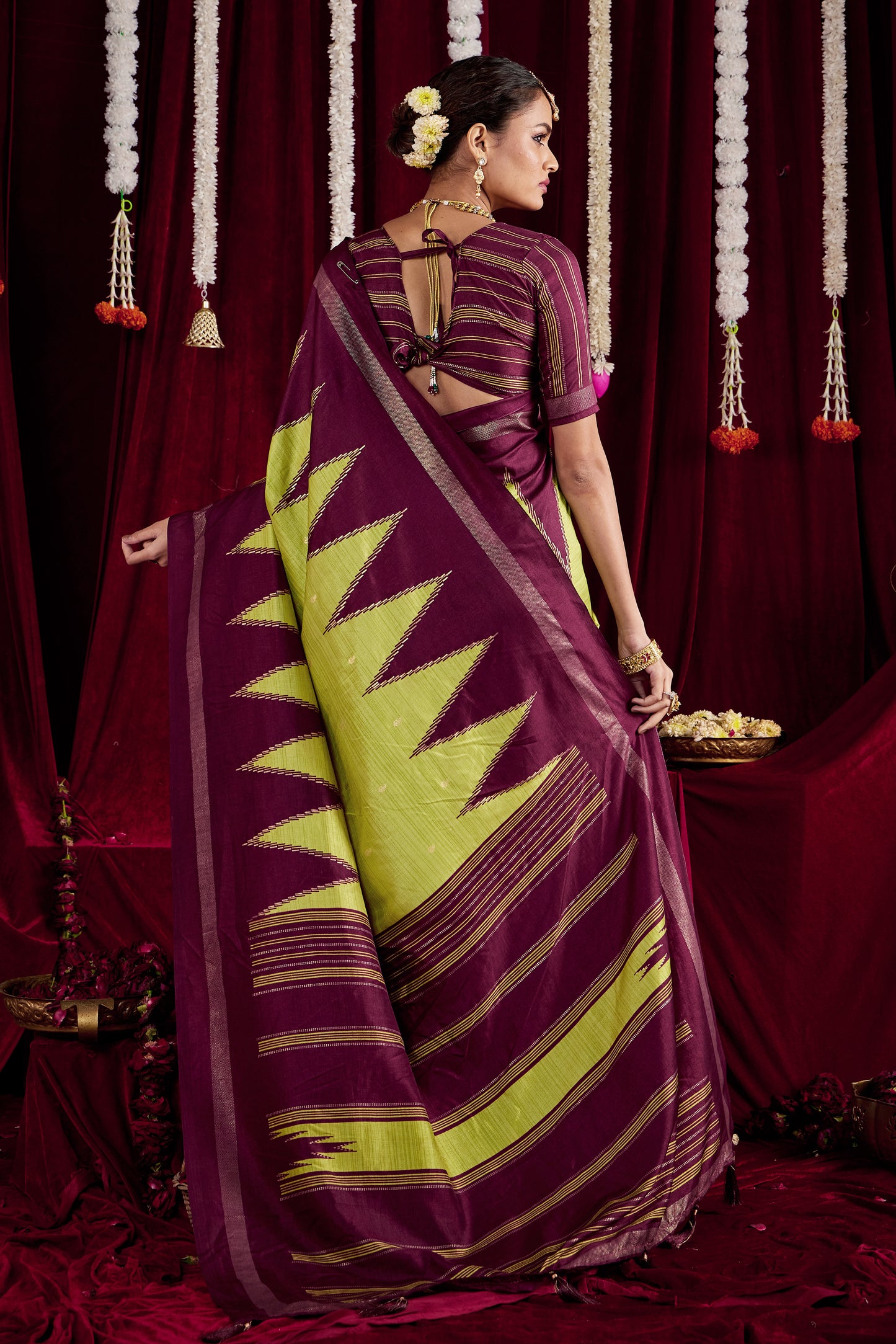 Pista Green and Light Purple Pure Silk Saree with Zigzag and Striped Patterns, Elegant border and Rich Festive Look