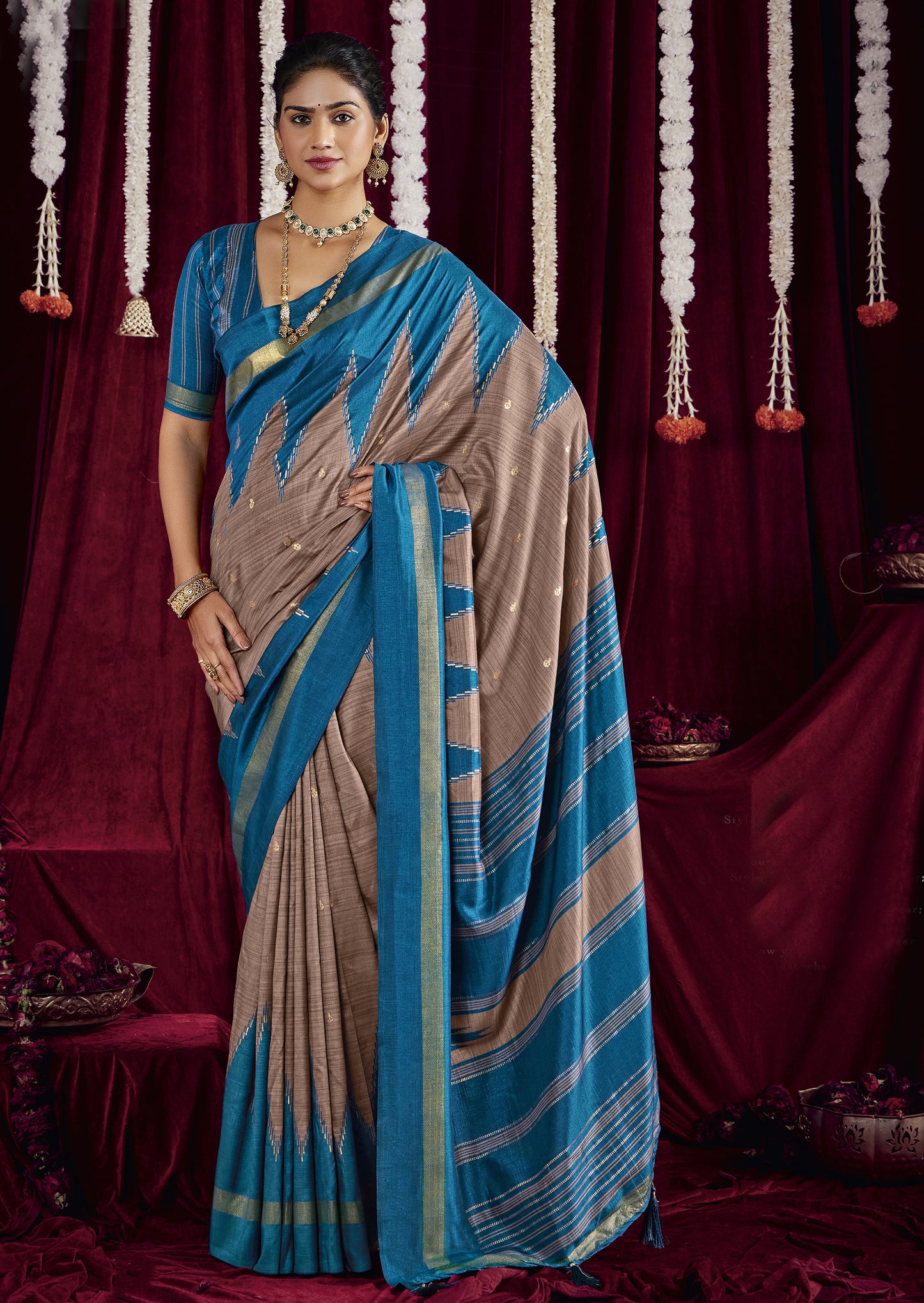 Sky Blue and Taupe Pure Silk Saree with Zigzag and Striped Patterns, Elegant border and Rich Festive Look