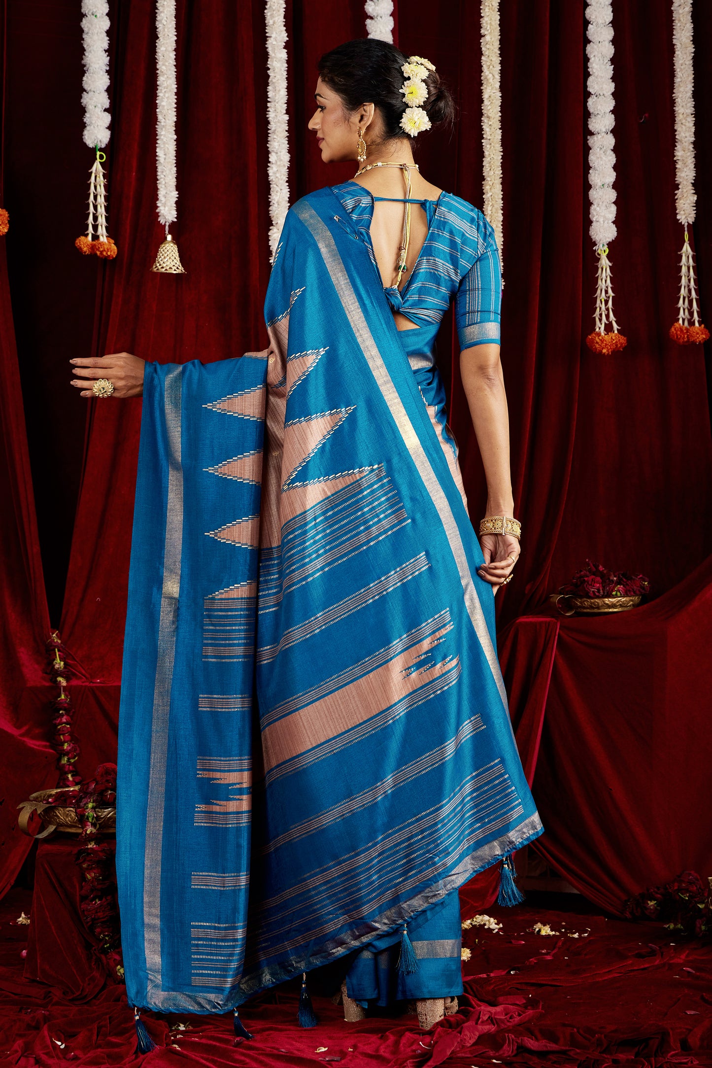 Sky Blue and Taupe Pure Silk Saree with Zigzag and Striped Patterns, Elegant border and Rich Festive Look