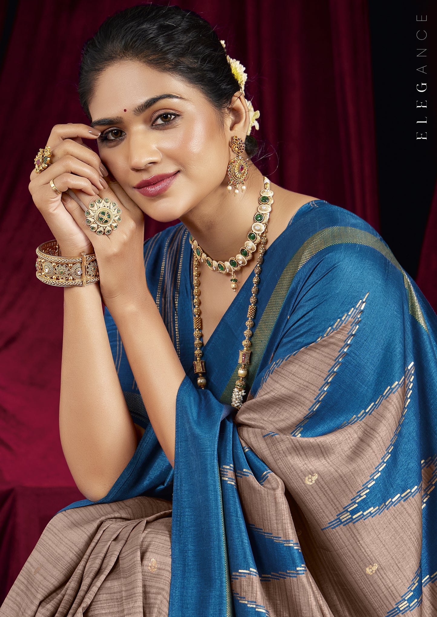 Sky Blue and Taupe Pure Silk Saree with Zigzag and Striped Patterns, Elegant border and Rich Festive Look
