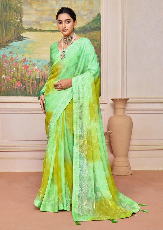 Vibrant Green and Yellow Brasso Saree with a Checkered Design and Delicate Embroidery with Heavy Sequence Blouse Perfect for Festive and Special Occasions