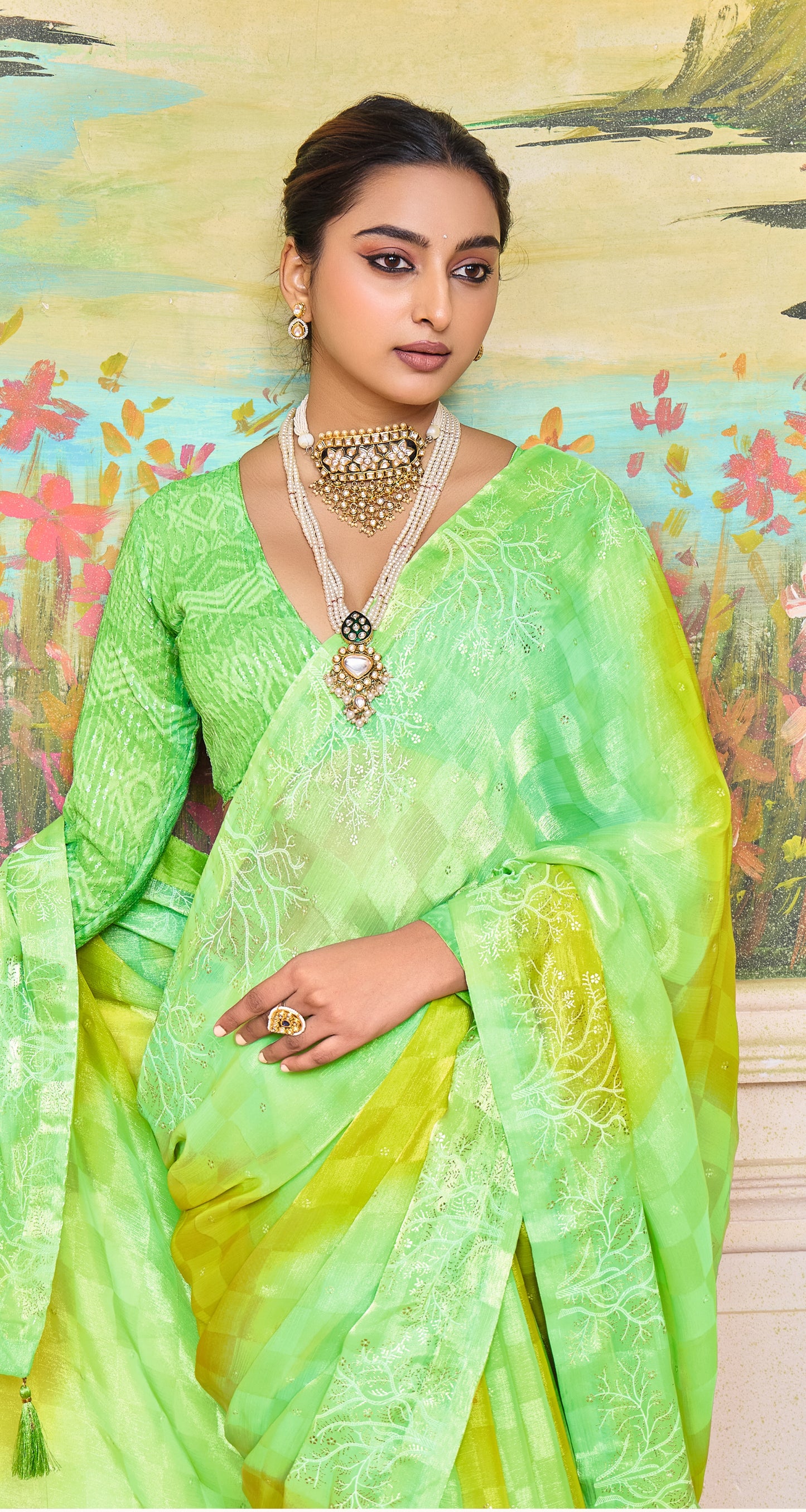 Vibrant Green and Yellow Brasso Saree with a Checkered Design and Delicate Embroidery with Heavy Sequence Blouse Perfect for Festive and Special Occasions