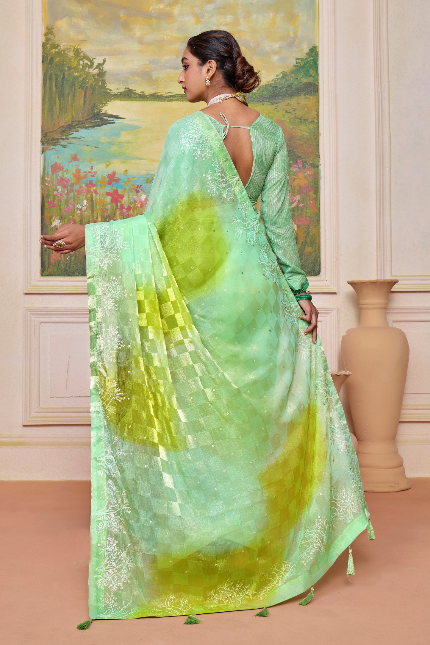 Vibrant Green and Yellow Brasso Saree with a Checkered Design and Delicate Embroidery with Heavy Sequence Blouse Perfect for Festive and Special Occasions