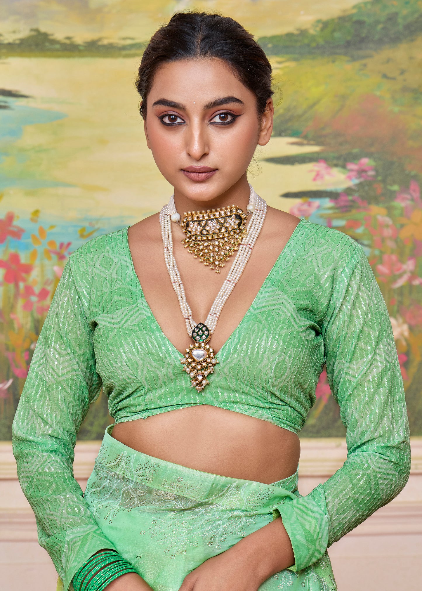Vibrant Green and Yellow Brasso Saree with a Checkered Design and Delicate Embroidery with Heavy Sequence Blouse Perfect for Festive and Special Occasions