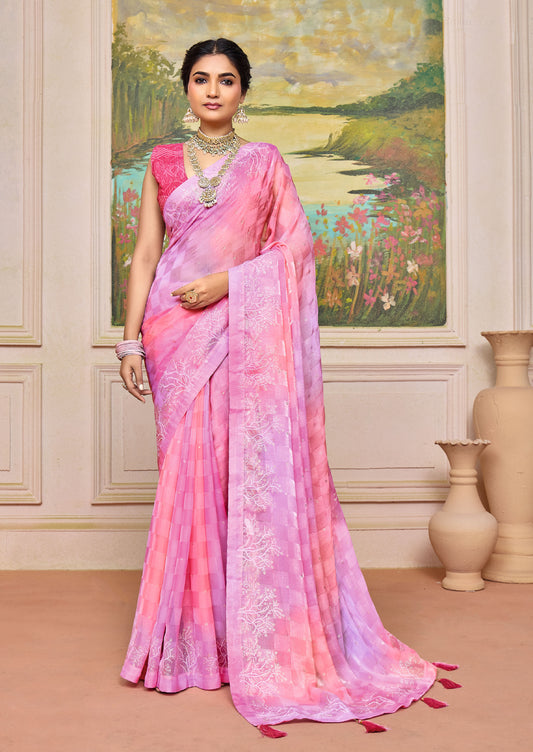 Graceful Pink and Levender Brasso Saree with a Checkered Design and Delicate Embroidery with Heavy Sequence Blouse Perfect for Festive and Special Occasions