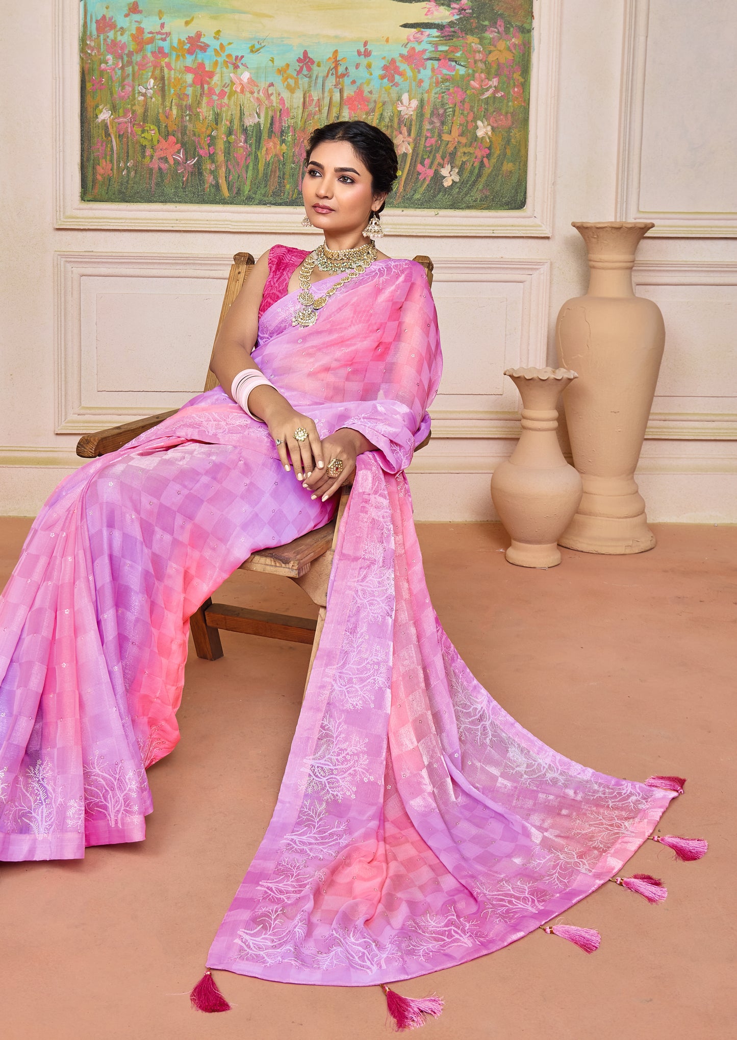 Graceful Pink and Levender Brasso Saree with a Checkered Design and Delicate Embroidery with Heavy Sequence Blouse Perfect for Festive and Special Occasions