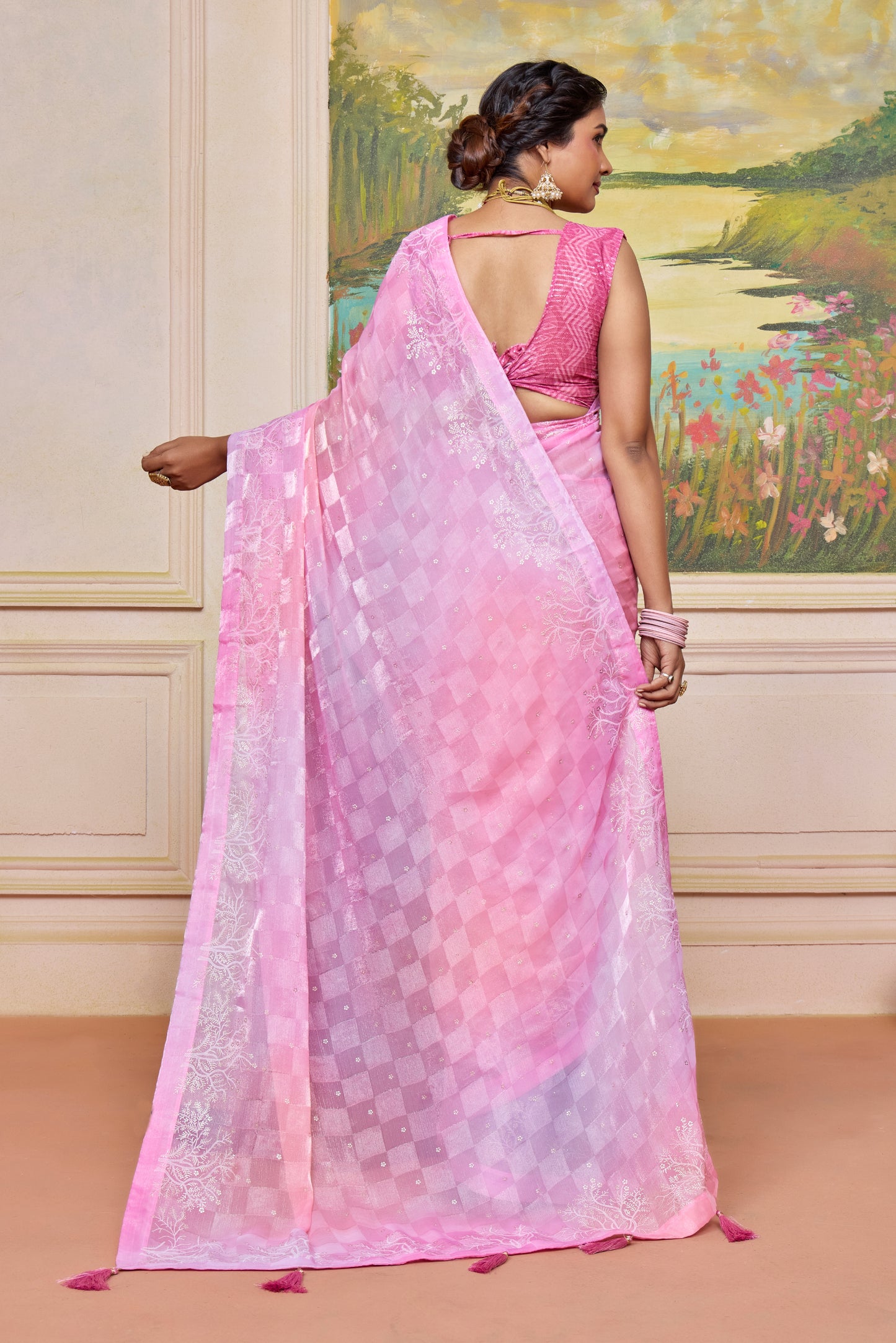Graceful Pink and Levender Brasso Saree with a Checkered Design and Delicate Embroidery with Heavy Sequence Blouse Perfect for Festive and Special Occasions
