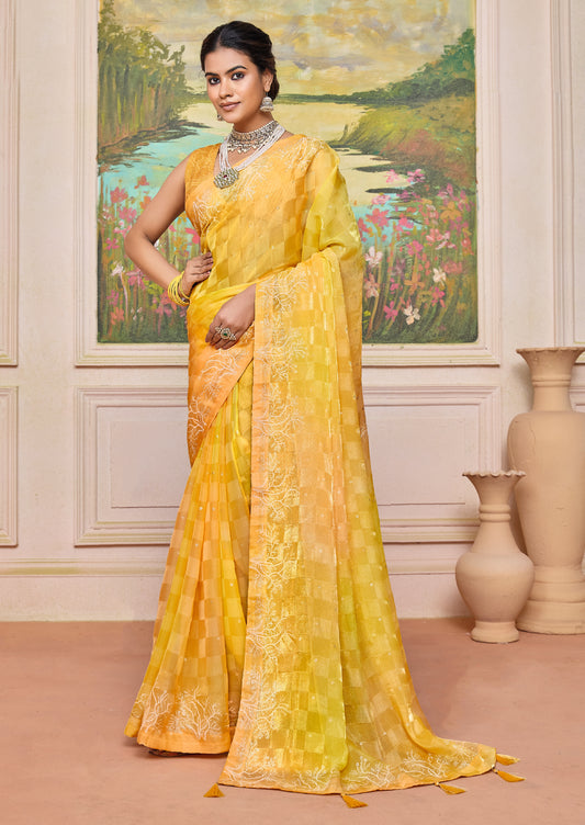 Radiant Yellow Brasso Saree with a Checkered Design and Delicate Embroidery with Heavy Sequence Blouse Perfect for Festive and Special Occasions
