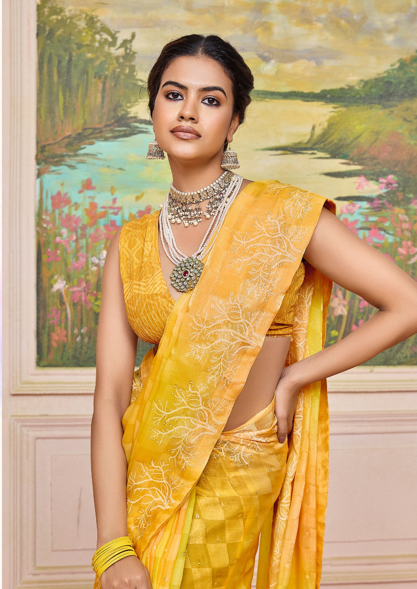 Radiant Yellow Brasso Saree with a Checkered Design and Delicate Embroidery with Heavy Sequence Blouse Perfect for Festive and Special Occasions