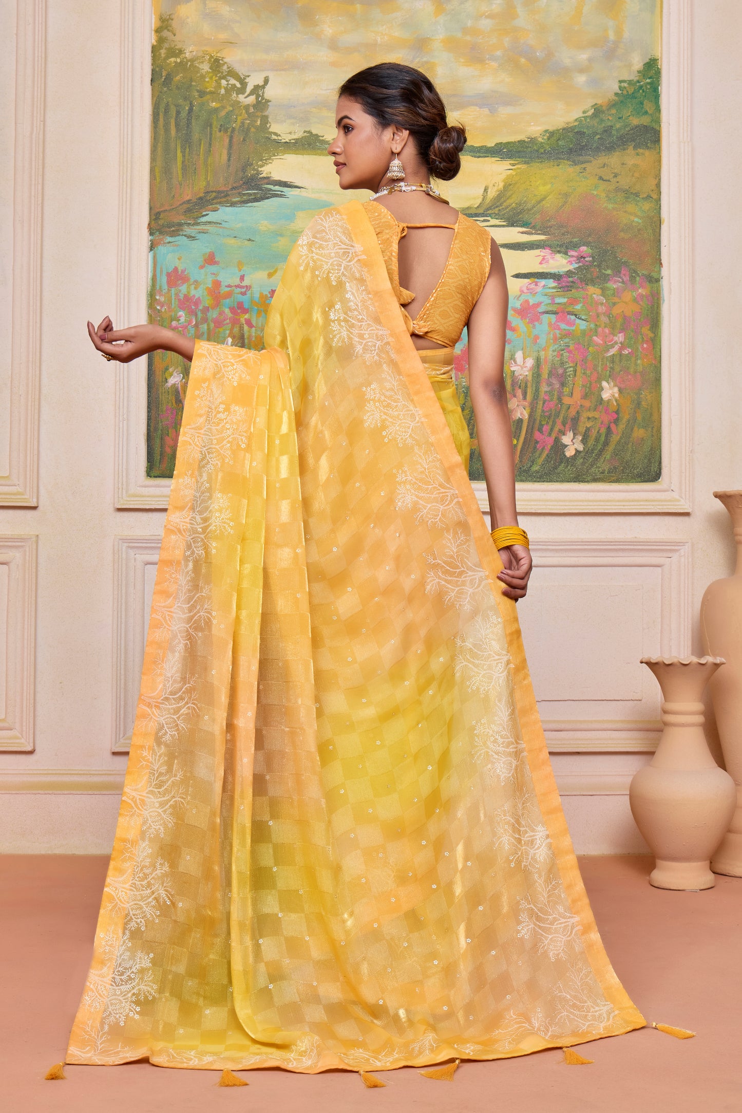 Radiant Yellow Brasso Saree with a Checkered Design and Delicate Embroidery with Heavy Sequence Blouse Perfect for Festive and Special Occasions