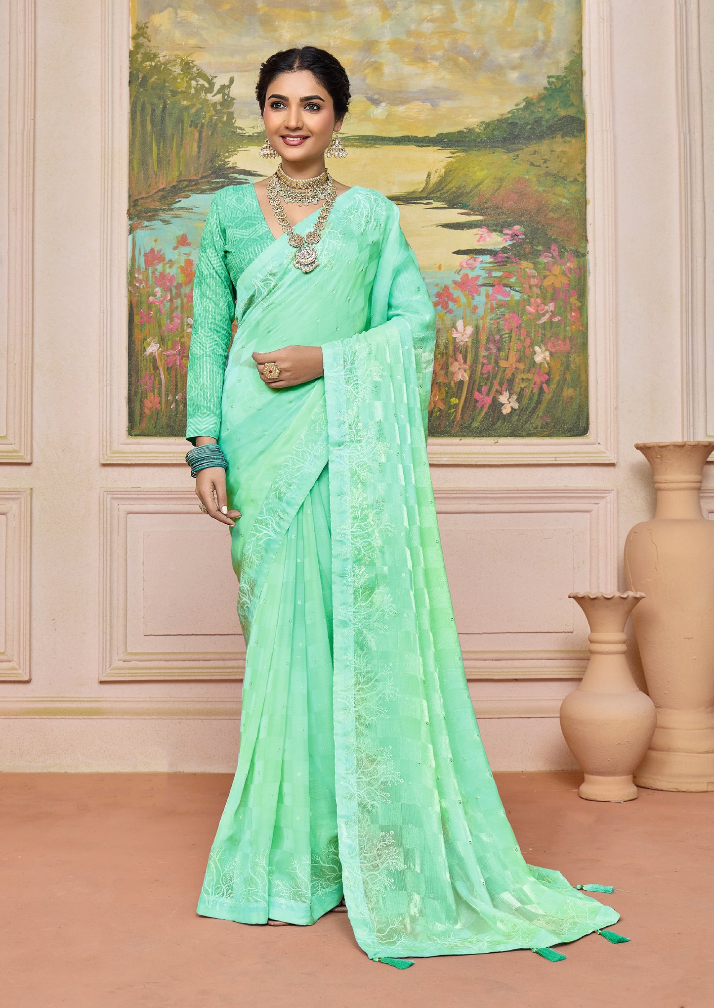 Chic Pastel Sea Green Brasso Saree with a Checkered Design and Delicate Embroidery with Heavy Sequence Blouse Perfect for Festive and Special Occasions