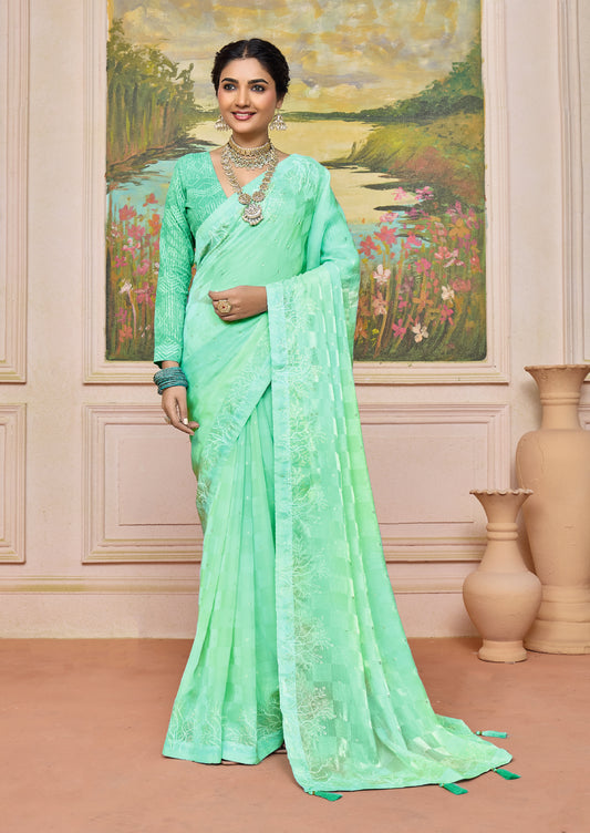 Chic Pastel Sea Green Brasso Saree with a Checkered Design and Delicate Embroidery with Heavy Sequence Blouse Perfect for Festive and Special Occasions
