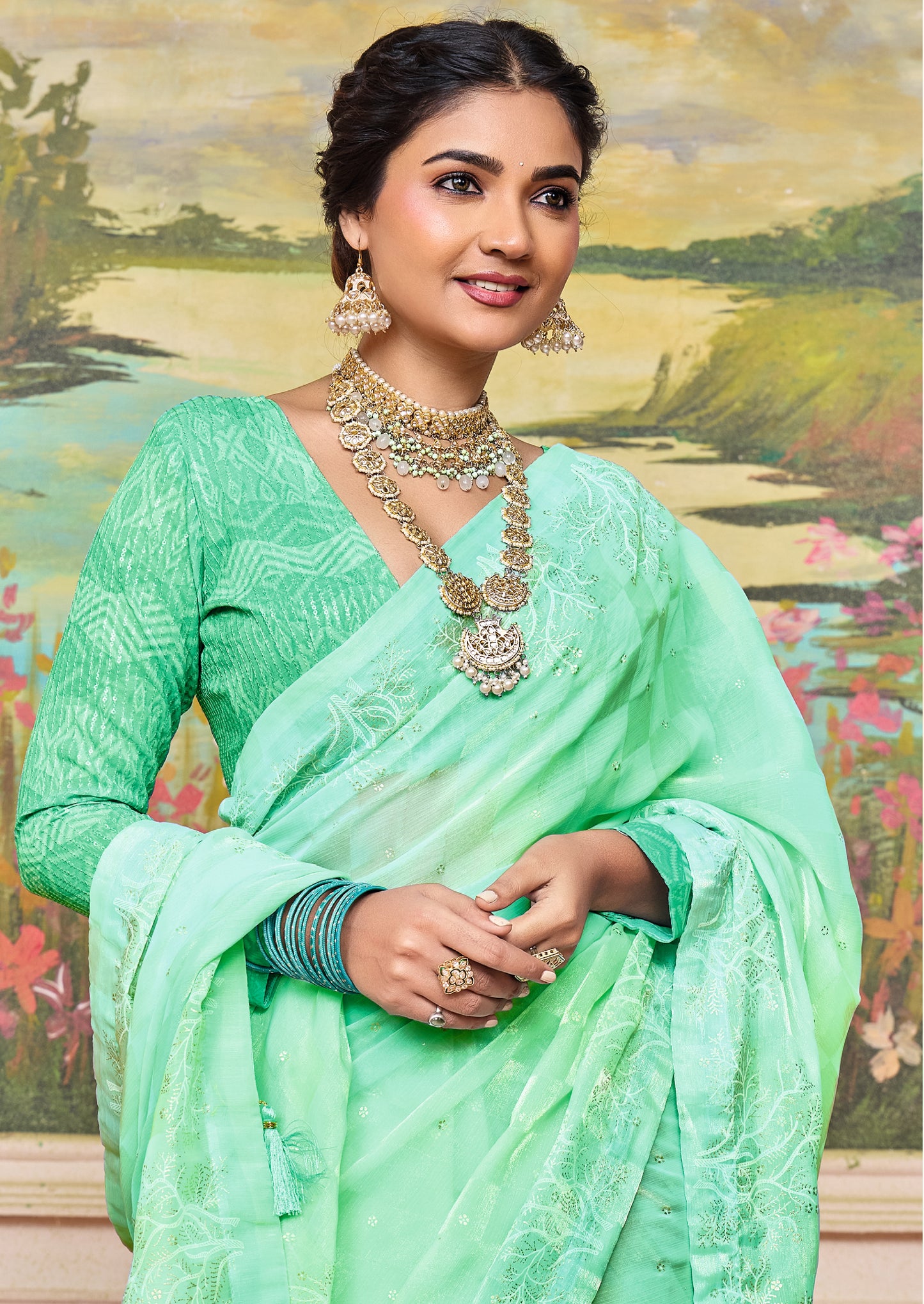 Chic Pastel Sea Green Brasso Saree with a Checkered Design and Delicate Embroidery with Heavy Sequence Blouse Perfect for Festive and Special Occasions