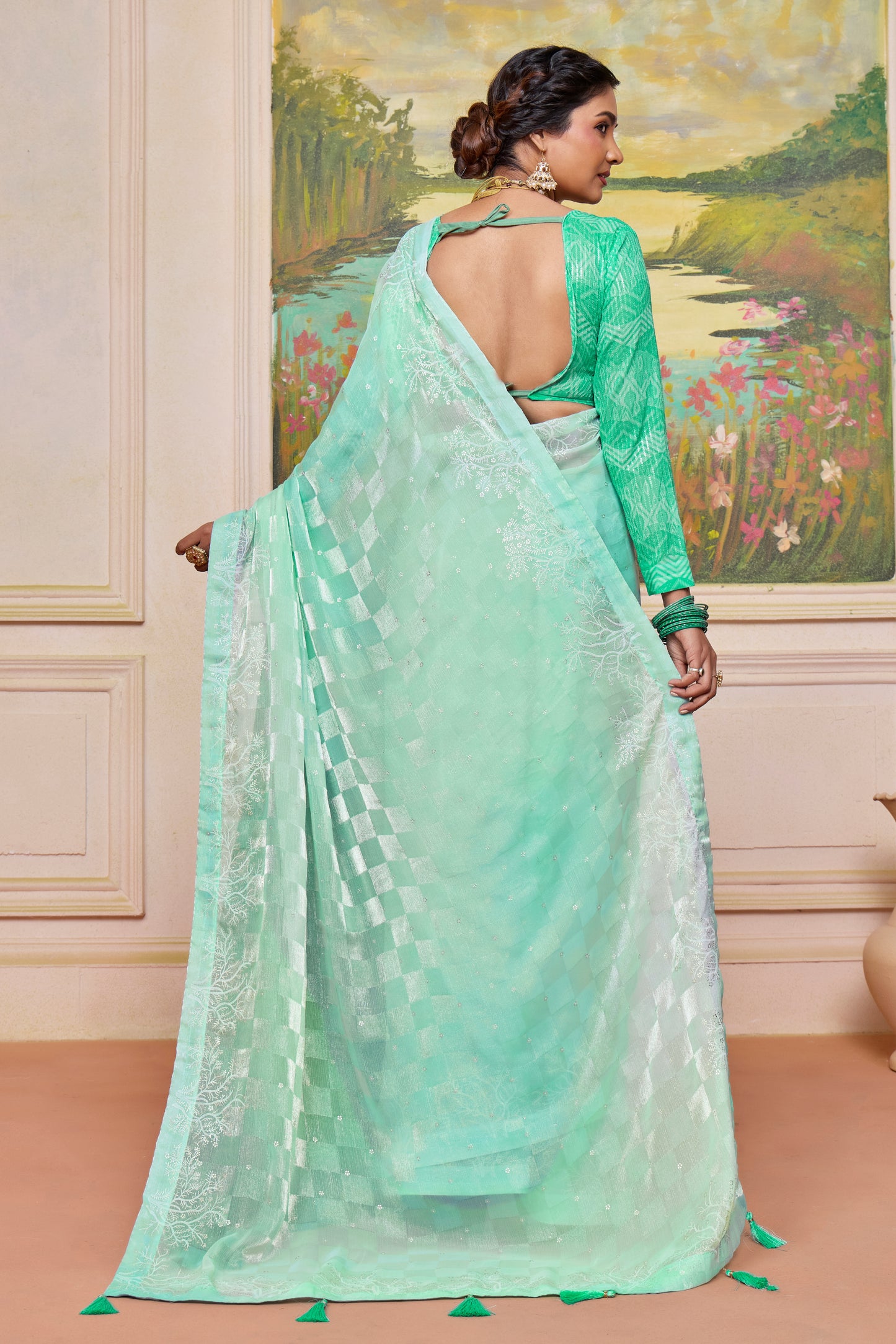 Chic Pastel Sea Green Brasso Saree with a Checkered Design and Delicate Embroidery with Heavy Sequence Blouse Perfect for Festive and Special Occasions