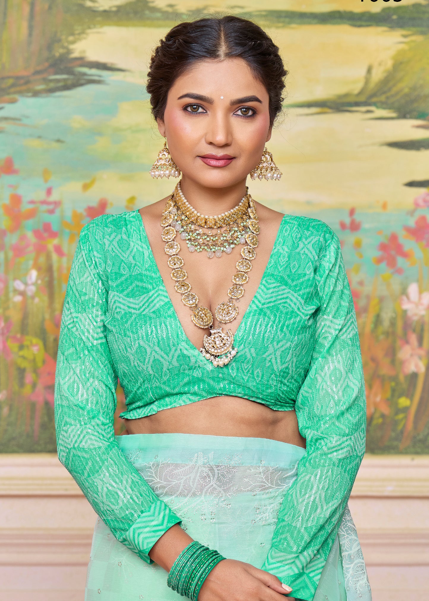 Chic Pastel Sea Green Brasso Saree with a Checkered Design and Delicate Embroidery with Heavy Sequence Blouse Perfect for Festive and Special Occasions
