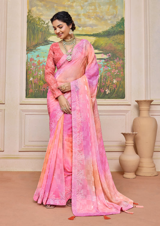 Charming Pink and Peach Brasso Saree with a Checkered Design and Delicate Embroidery with Heavy Sequence Blouse Perfect for Festive and Special Occasions