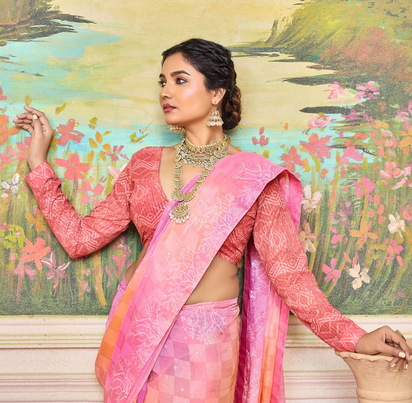 Charming Pink and Peach Brasso Saree with a Checkered Design and Delicate Embroidery with Heavy Sequence Blouse Perfect for Festive and Special Occasions