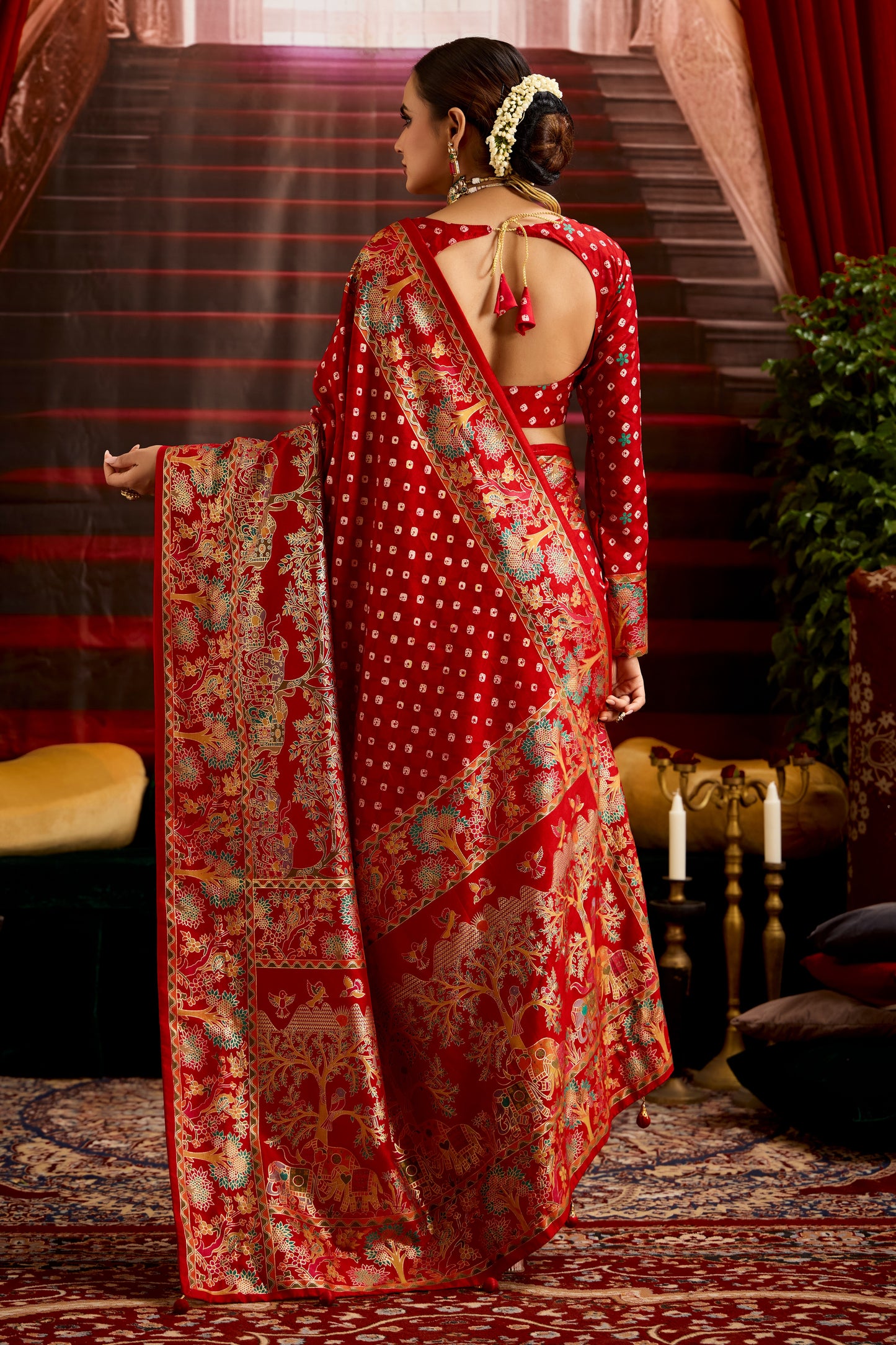 Red Wealvet Tusser Silk fabric with Attractive Kalamkari Hand Painted and Foil Touch with Exclusive Bandhej Print & Grounded Tussels.