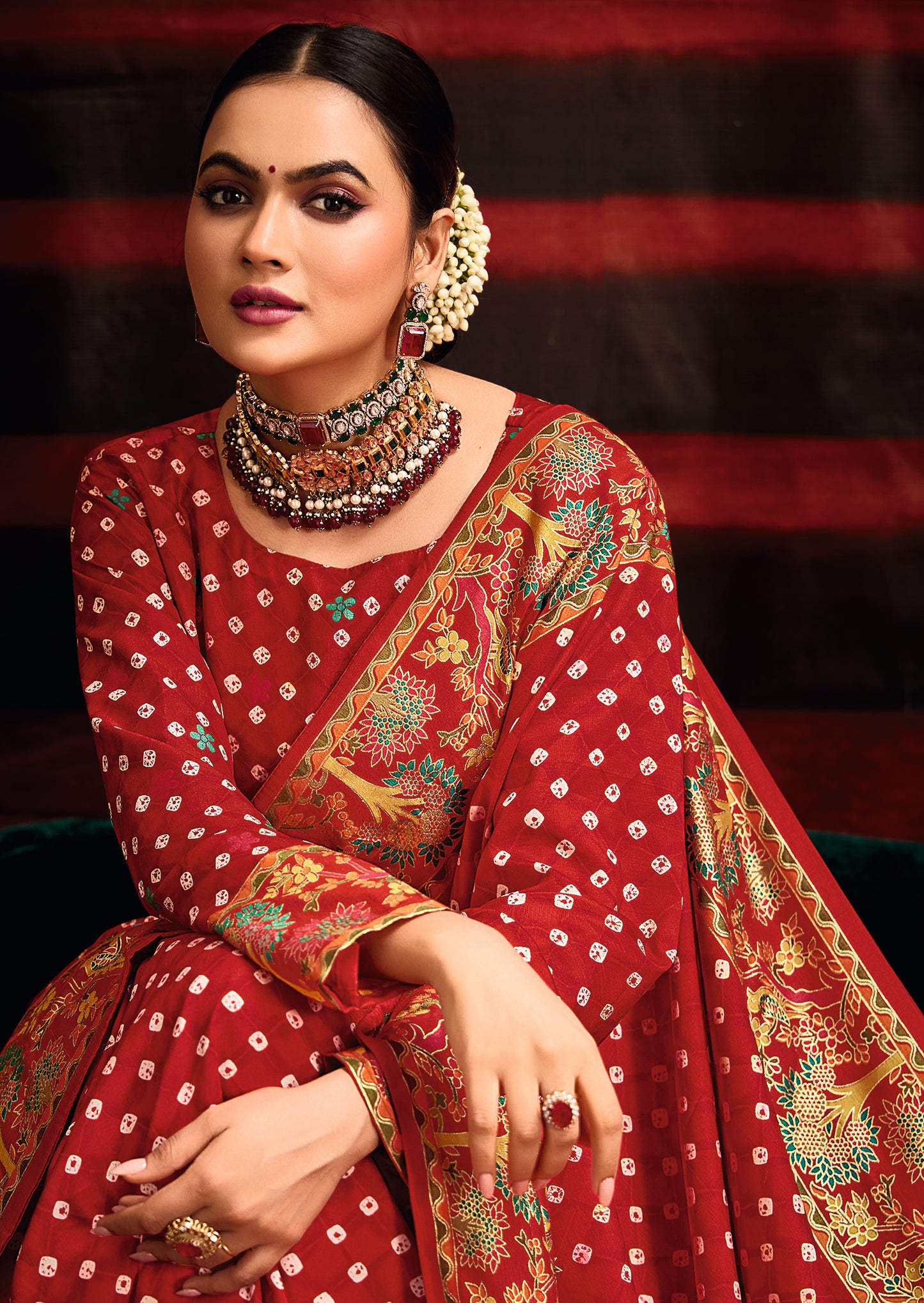 Red Wealvet Tusser Silk fabric with Attractive Kalamkari Hand Painted and Foil Touch with Exclusive Bandhej Print & Grounded Tussels.